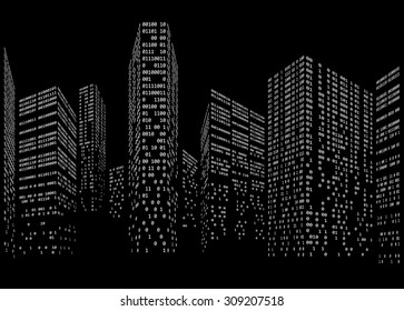 Binary Code In Form Of Futuristic City Skyline Vector Illustration