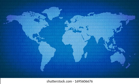 Binary code and global map in dark blue tone. Concept of bankruptcy, recession, crisis, vision, online technology, digital life and financial and stock exchange market.