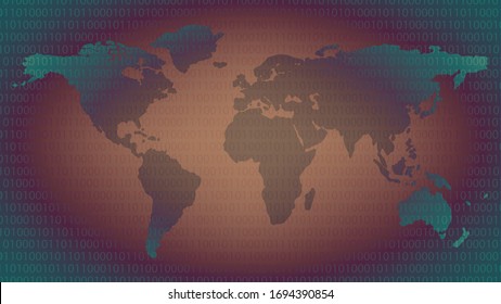Binary code and global map in red tone. Concept of bankruptcy, recession, crisis, vision, online technology, digital life and financial and stock exchange market.