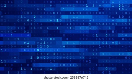 Binary Code Glow Numbers in Lines Background. Sequence of Zero and One Matrix Color Blue Backdrop. Concept of Coding, Cybersecurity and Cryptocurrency. Vector Illustration.