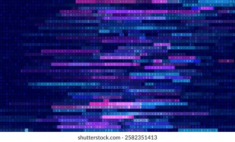 Binary Code Glow Numbers in Lines Background. Sequence of Zero and One Matrix Color Blue Backdrop. Concept of Coding, Cybersecurity and Cryptocurrency. Vector Illustration.