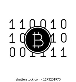 Binary code glyph icon. Cryptocurrency mining. Digital money. Computing. Bitcoin on binary code. Silhouette symbol. Negative space. Vector isolated illustration