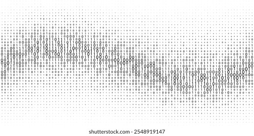 Onda de gradiente de código binario en blanco. Unos y ceros en textura de gradación de semitono. Lenguaje del sistema digital. Fondo abstracto de codificación informática