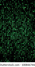 Binary code, green digits on the computer screen. Figures with the effect of the VHS screen of the 80's and 90's. Retro vintage screen. Colored semi-shifted numbers. Glitch effect. Format 16:9