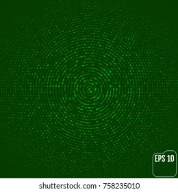Binary code, green digits on computer screen. Circle digits background
