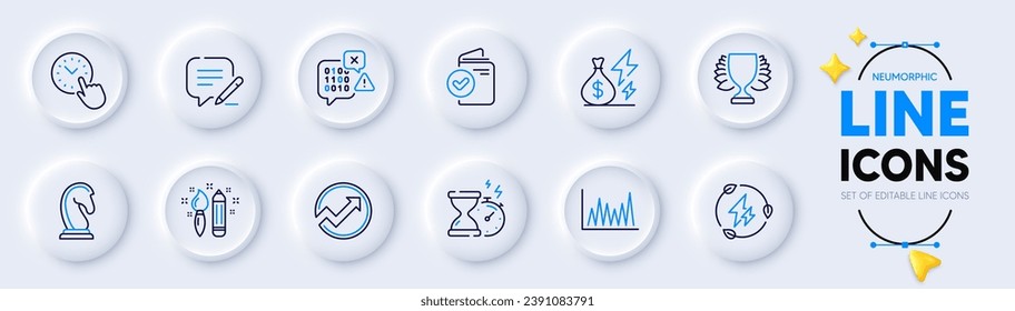 Binary code, Green electricity and Electricity price line icons for web app. Pack of Line graph, Creativity, Verification document pictogram icons. Winner, Time management. Neumorphic buttons. Vector