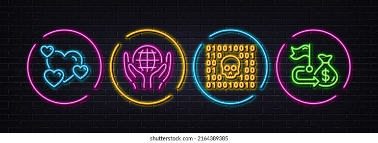 Binary code, Heart and Organic tested minimal line icons. Neon laser 3d lights. Financial goal icons. For web, application, printing. Cyber phishing, Love rating, Safe nature. Money budget. Vector