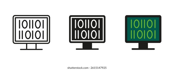 Binary code icon. Monitor with digital ones and zeros vector illustration. Programming and data processing symbol. Technology interface pictogram for coding, software development and system algorithms