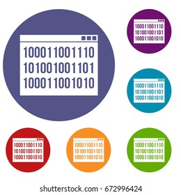 Binary code icons set in flat circle reb, blue and green color for web