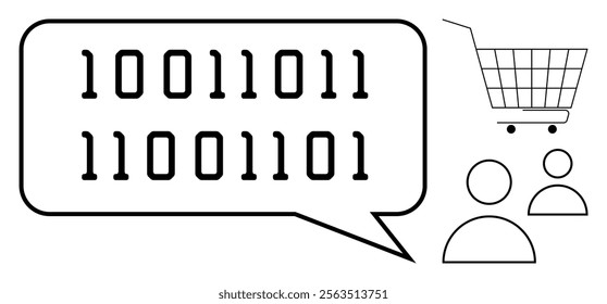 Binary code inside a speech bubble, shopping cart, and two human figures. Ideal for digital communication, e-commerce, online shopping, technology, and data exchange themes. Modern, minimalist, clean