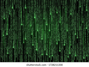 Binary code matrix vector background of computer data and digital technology. Green numbers pattern with streams of zero and one digits on black screen, internet security and cyberspace backdrop