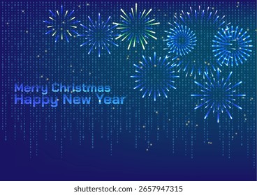 Binary code Merry Christmas and Happy New Year with colorfull firework and stardust.
