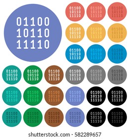 Binary code multi colored flat icons on round backgrounds. Included white, light and dark icon variations for hover and active status effects, and bonus shades on black backgounds.