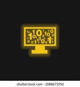 Números de código binario en el monitor Icono de neón brillante amarillo en la pantalla del monitor