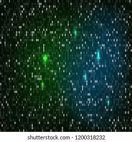 Binary code with numbers one and zero on dark background. Artificial intelligence. Big data. Smart system. Coding or hacker concept, digital technology background. Vector illustration.