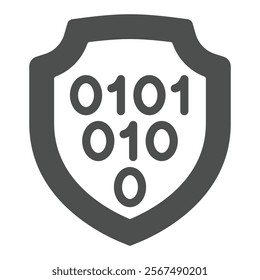 Binary code on emblem solid icon, hacker attacks concept. Vector graphics. Code exploit protection shield sign on white background, glyph style icon for mobile or web design