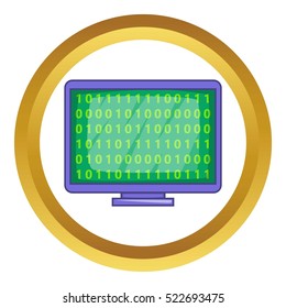 Binary code on screen vector icon in golden circle, cartoon style isolated on white background