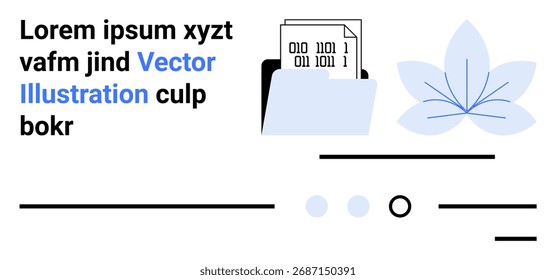 Binary code paper in a folder, abstract flower, lines, and dots. Ideal for digital content, technology, data storage, organization, minimalistic design, education. Landing page