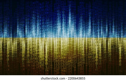 Binary code pattern in blue and yellow colors of flag of Ukraine. Cyberspace, technology and information concept.