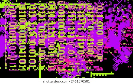 Binary code and pixel noise in neon colors. Conceptual vector illustration on the topic of virtual reality and technology.
