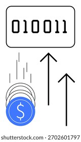 Código binário em um retângulo, moedas azuis com sinal de dólar e setas para cima. Ideal para finanças digitais, tecnologia, criptomoeda, crescimento financeiro, análise de dados evolução monetária fintech. Linha