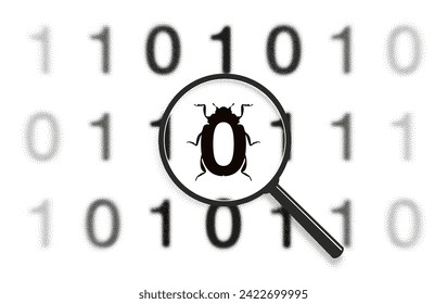 Binary code scan. One bug disguised as zero. Virus identify, web protection concept. Malware icon pattern. Magnifying glass zoom. Focus lens, transparent blur, morphism effect. Halftone, noise texture