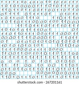 Binary code seamless pattern, hand drawn doodle figures on a math paper background