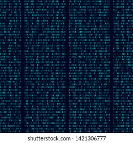 Binary code. Seamless vector digital texture. Light blue symbols on a black screen. Computer hi-tech background. Encryption, coding or hacking concept. Columns of zeros and ones in random order.
