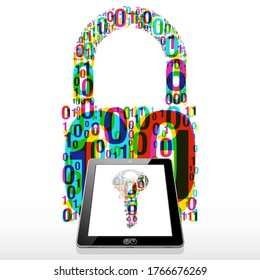 A binary code shaped "key" icon is presented on the Tablet PC screen. A binary code shaped "Lock" icon is presented as a backdrop detail.