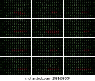 Binary code string. zero one coding with different text. vector abstract background
