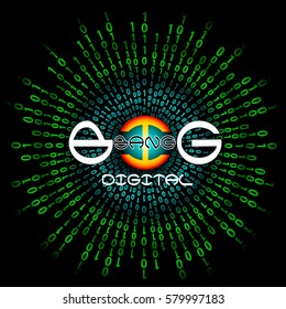 Binary code and stylized inscription Big Bang Digital. Abstract vector background. Data and technology, decryption and encryption, computer matrix illustration.