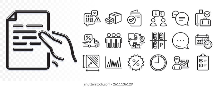 Binary code, Success business and Calendar line icons for web app. Glare of light effect. Message icon. Pack of Packing boxes, Hold document, Discount pictogram icons. Vector