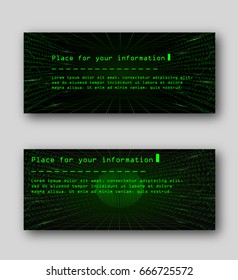 Binary code, technological style of retro computers. 2 templates for flyers, web or banners. Abstract background technology future concept. Futuristic Glare and information lines. Vector illustration.