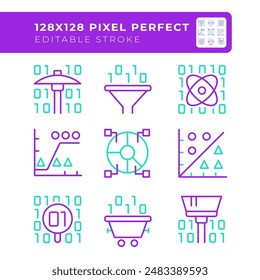 Binary code two color line icons set. Coding and programming bicolor outline iconset isolated. Data management and processing. Big data. Duotone pictograms thin linear. Editable stroke