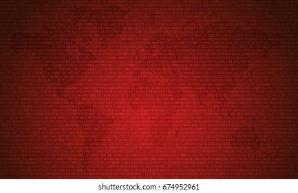 Binary code with two binary digits, 0 and 1 on red map background. Algorithm Binary Data Code, Decryption and Encoding. Vector illustration.