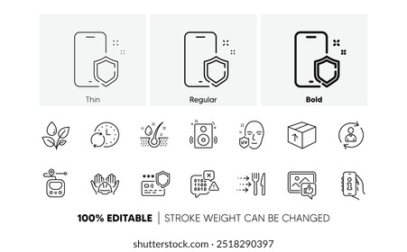 Código binário, proteção Uv e ícones de linha de óleo de soro. Pack of Like foto, Suporte, Ícone de proteção do telefone. Entrega de comida, metrô, pictograma de informações pessoais. Builders union, proteção de pagamento, Pacote. Vetor