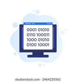 Binary code vector icon with computer, flat design