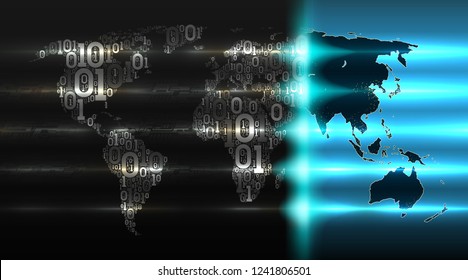 Binary code world map with a background of abstract circuit boards, electronics. Digital technologies transform the world. Concept of internet of things, cloud service, big data, vector illustration