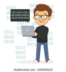 Binary Coding Happy Programmer Man with Laptop