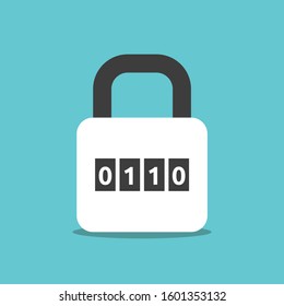 Binary combination padlock with zeroes and ones on turquoise blue. Lock, cyber security, data and privacy concept. Flat design. EPS 8 vector illustration, no transparency, no gradients