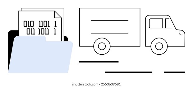 Binary data file inside a folder with outline of delivery truck suggesting data transfer and logistics. Both elements have simplified, minimalistic design in light blue and black tones. Ideal for