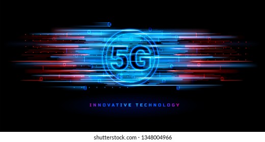 Binary data flowing through 5g wireless connection for technology banner. Global speed internet network connection. New IOT concept. Digital signal transmission of fifth generation. Wifi communication