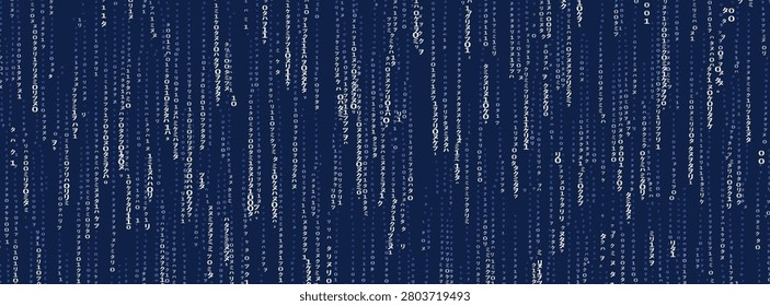 Binary Data Rain, Matrix Digital Rain, Data Cyber Rain. Modern Digital Rain Background With Binary Code And Cyber Elements.