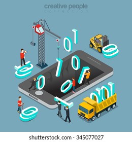 Binary data zero one flat 3d isometry isometric concept web vector illustration. Low level assembler driver coding. People throw 0 and 1 into tablet screen hole. Creative mobile app collection