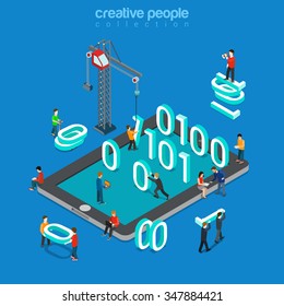 Binary Data Zero One Flat 3d Isometry Isometric Abstract Concept Web Vector Illustration. Low Level Assembler Driver Code Programming. People Standing 0 And 1 On Tablet. Creative Mobile App Collection