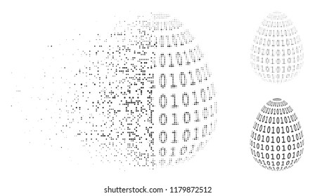 Binary digital abstract egg icon in dispersed, pixelated halftone and solid versions. Points are combined into vector disappearing binary digital abstract egg form.