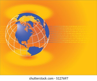 A binary, digital background with a globe