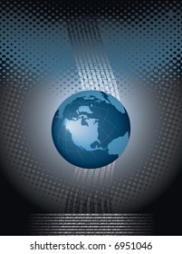 A binary, digital background with a globe