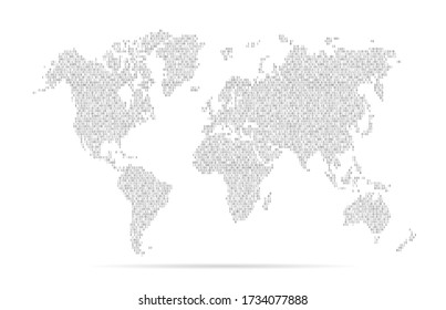 Binary digital code map world. Connect network. World wide web. Earth globe. Worldmap global. Worldwide continents isolated on white background. Internet planet. Continent designs. Numbers 1,0. Vector