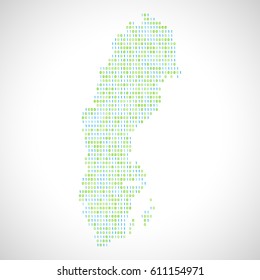 Binary digital map of Sweden. Silhouette from binary computer code